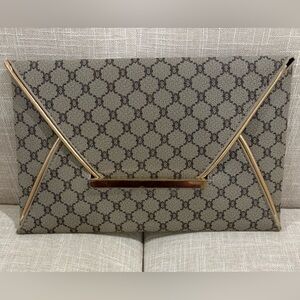 Women's Beige Patterned Envelope Clutch with Gold Trim